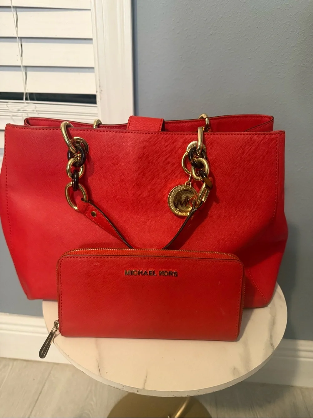 Michael Kors Red Saffiano Tote with Gold Chain Handles - Picture 12 of 12